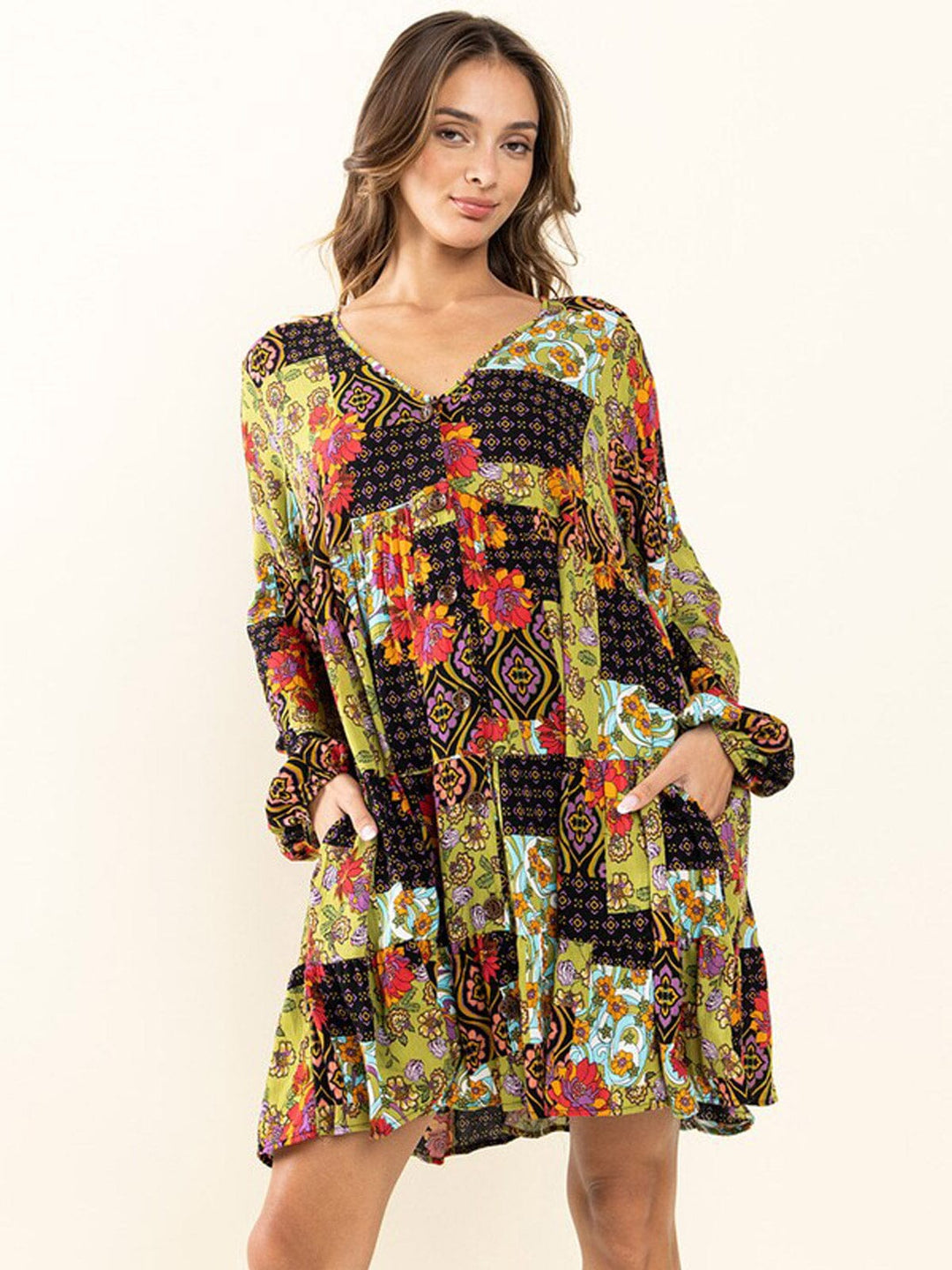 WOMEN'S LONG SLEEVE BUTTON UP V-NECK POCKETS MULTI PRINT MINI DRESS