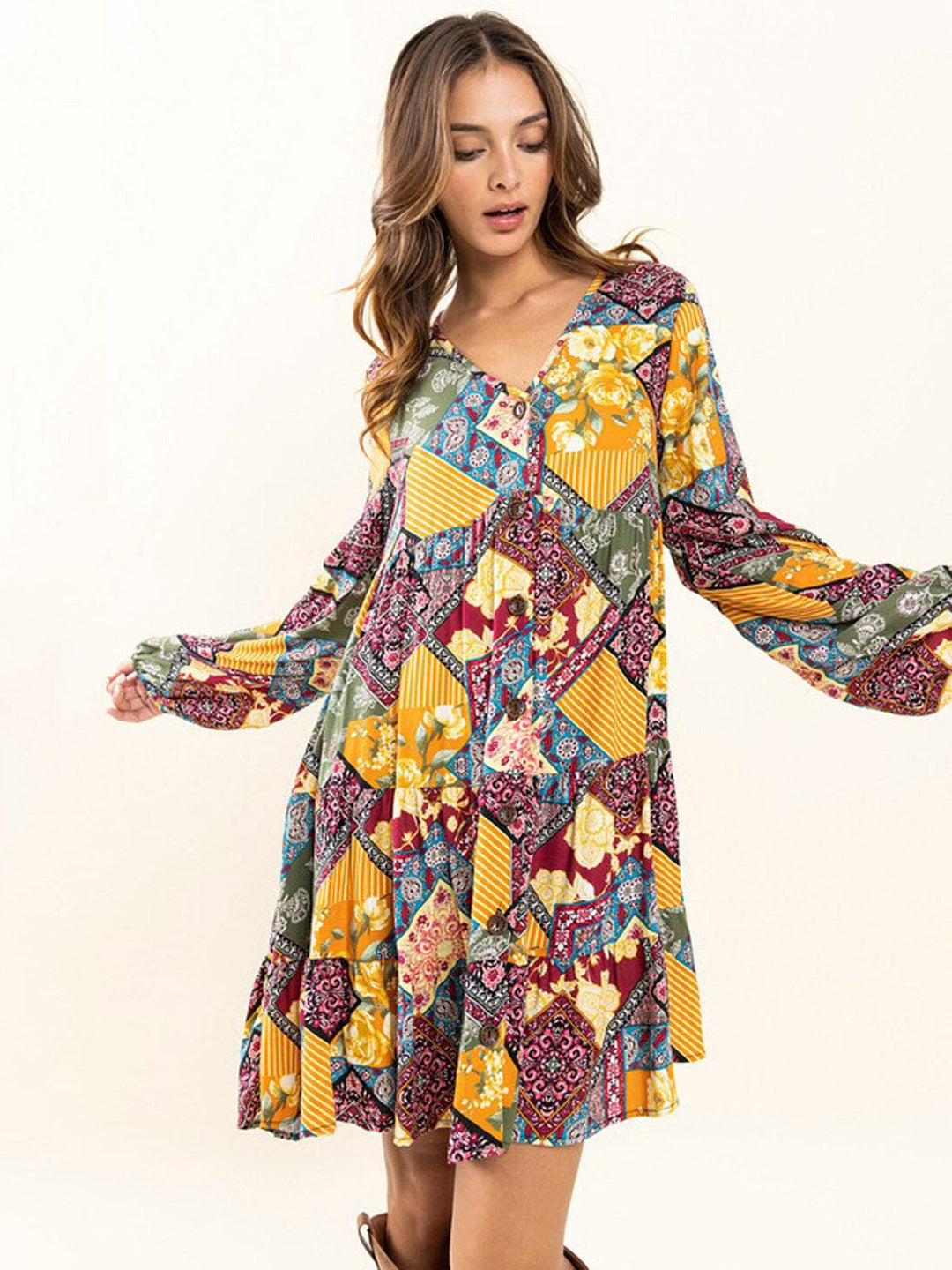 WOMEN'S LONG SLEEVE BUTTON UP V-NECK POCKETS MULTI PRINT MINI DRESS