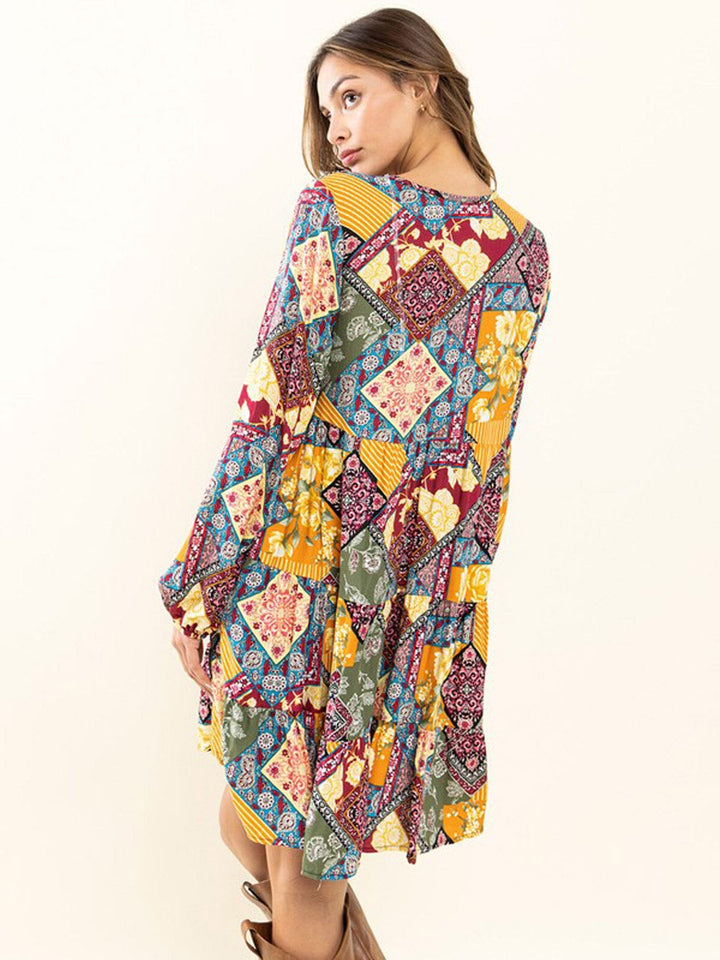 WOMEN'S LONG SLEEVE BUTTON UP V-NECK POCKETS MULTI PRINT MINI DRESS