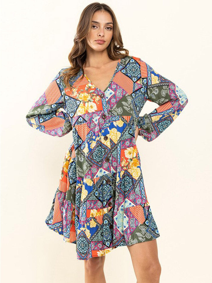 WOMEN'S LONG SLEEVE BUTTON UP V-NECK POCKETS MULTI PRINT MINI DRESS