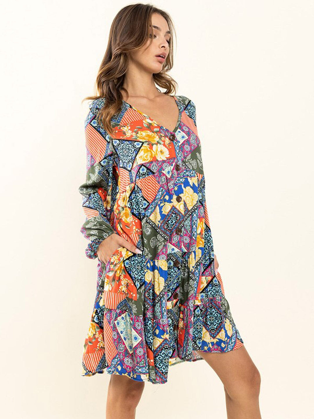 WOMEN'S LONG SLEEVE BUTTON UP V-NECK POCKETS MULTI PRINT MINI DRESS