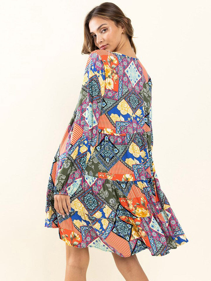 WOMEN'S LONG SLEEVE BUTTON UP V-NECK POCKETS MULTI PRINT MINI DRESS