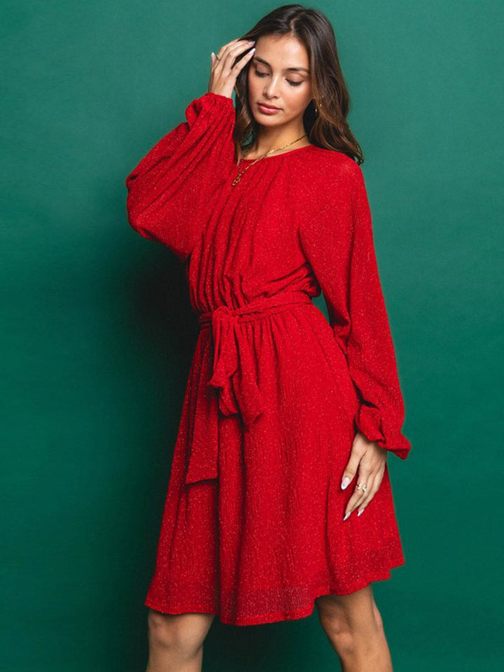 WOMEN'S LONG SLEEVE SELF TIE SHIMMER MINI DRESS
