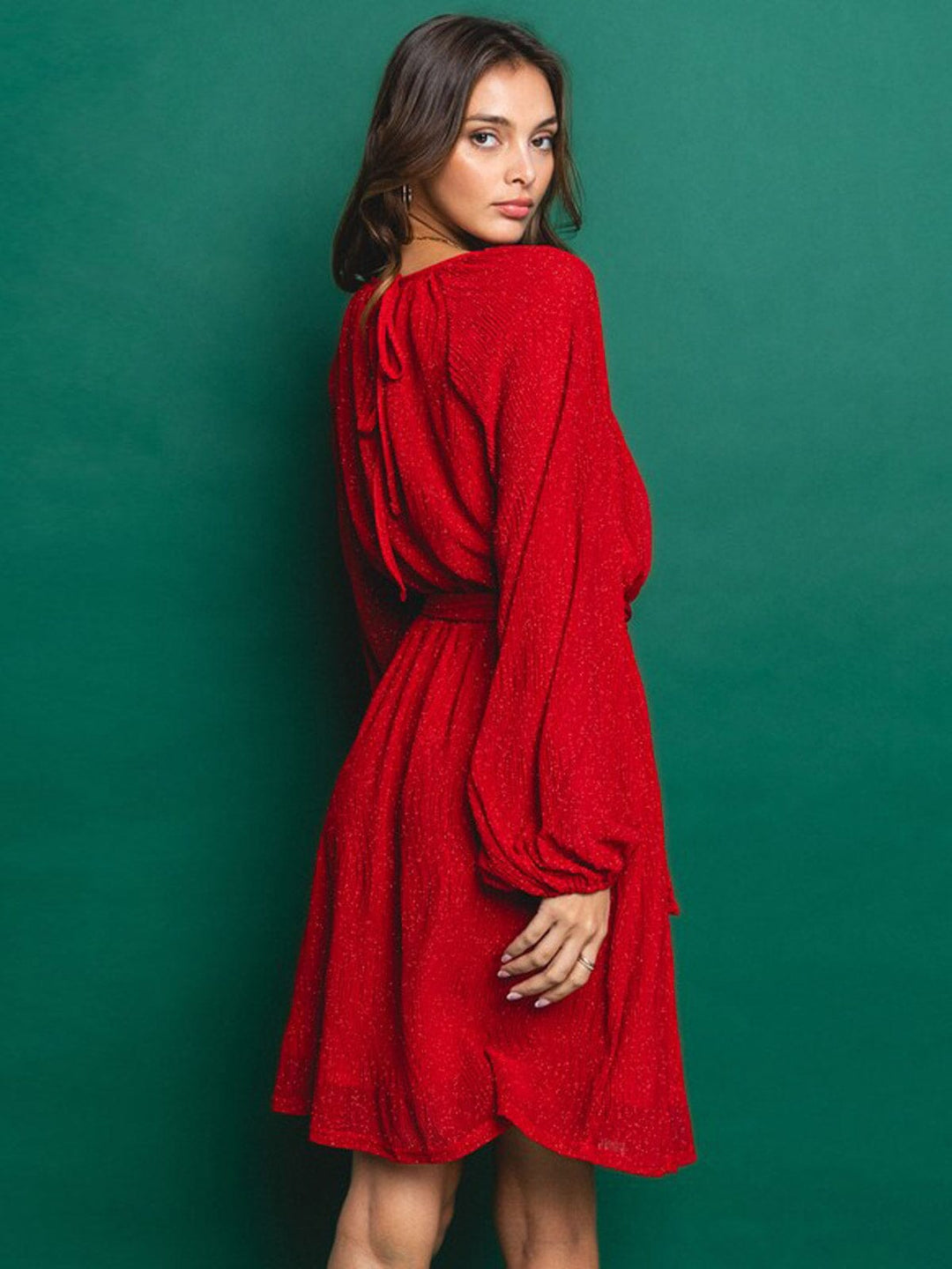 WOMEN'S LONG SLEEVE SELF TIE SHIMMER MINI DRESS