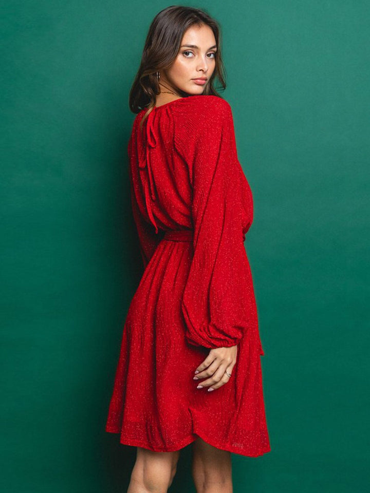 WOMEN'S LONG SLEEVE SELF TIE SHIMMER MINI DRESS