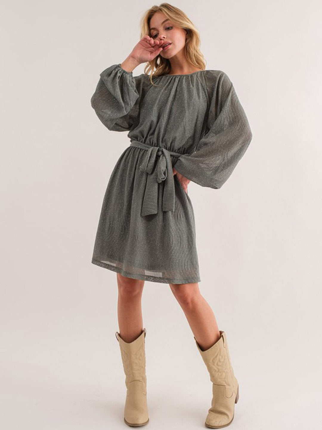 WOMEN'S LONG SLEEVE SELF TIE SHIMMER MINI DRESS