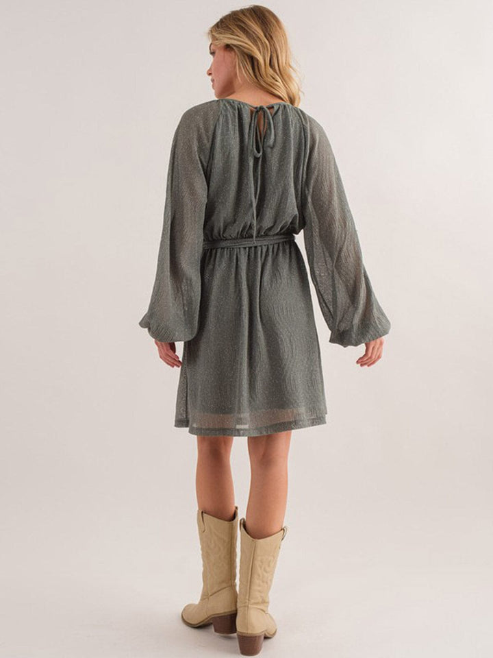 WOMEN'S LONG SLEEVE SELF TIE SHIMMER MINI DRESS