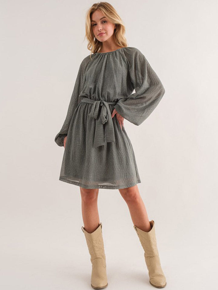 WOMEN'S LONG SLEEVE SELF TIE SHIMMER MINI DRESS