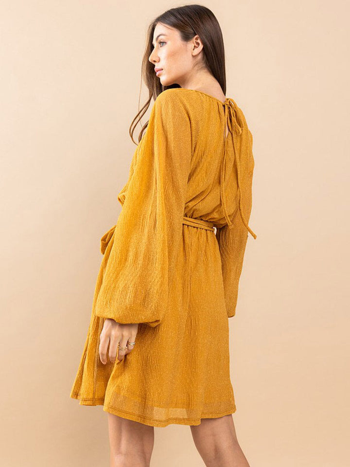 WOMEN'S LONG SLEEVE SELF TIE SHIMMER MINI DRESS