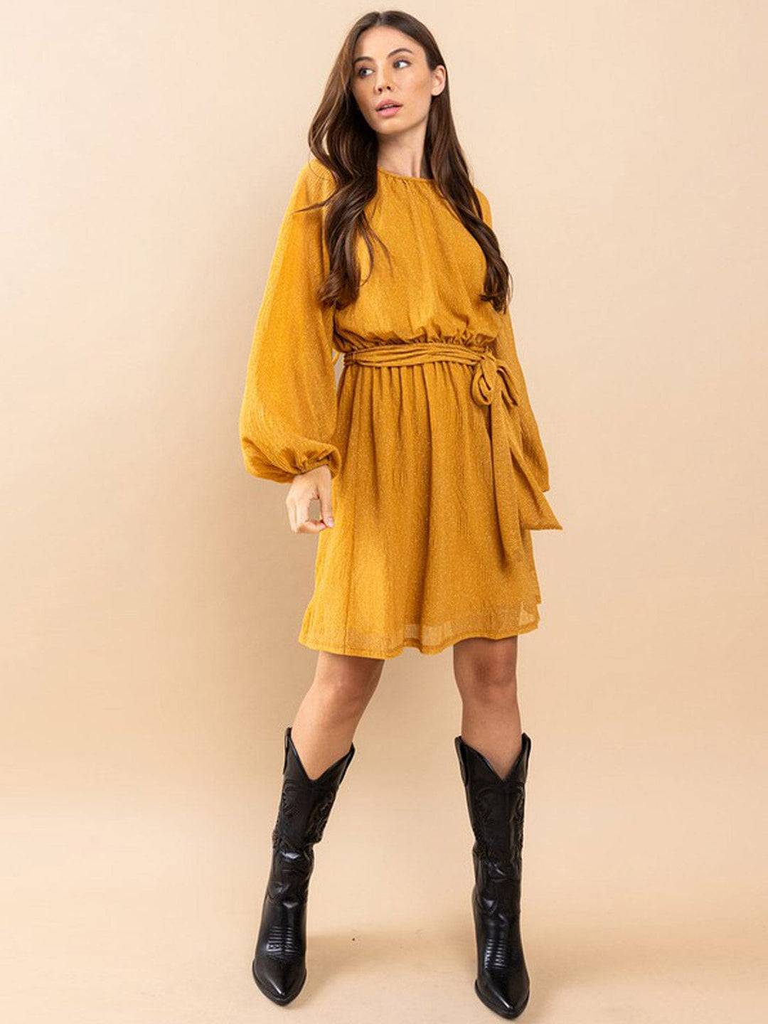 WOMEN'S LONG SLEEVE SELF TIE SHIMMER MINI DRESS
