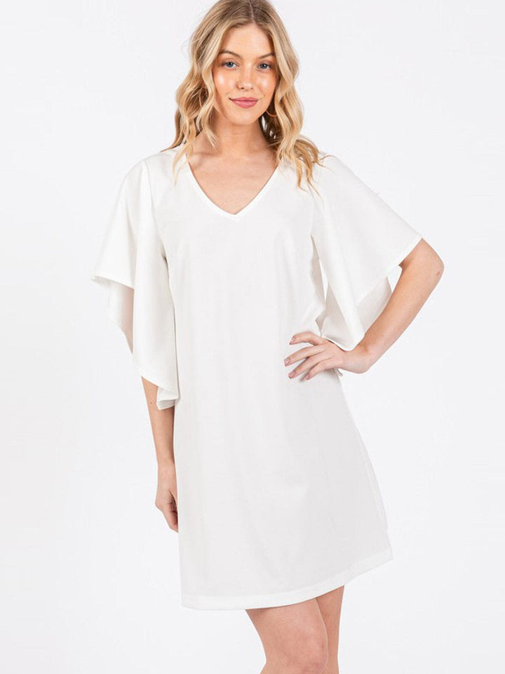 WOMEN'S SHORT RUFFLE SLEEVE V-NECK MINI DRESS