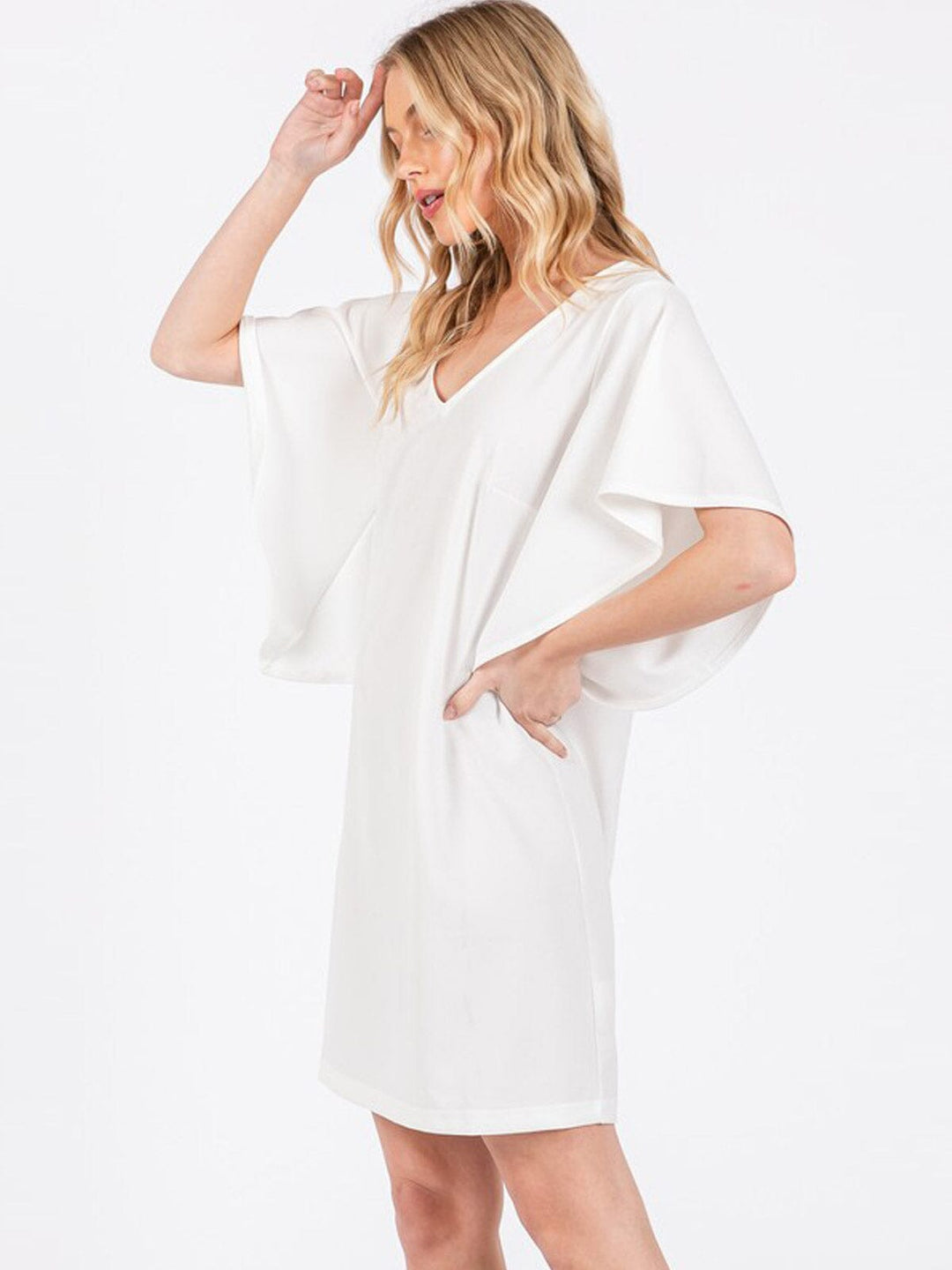 WOMEN'S SHORT RUFFLE SLEEVE V-NECK MINI DRESS