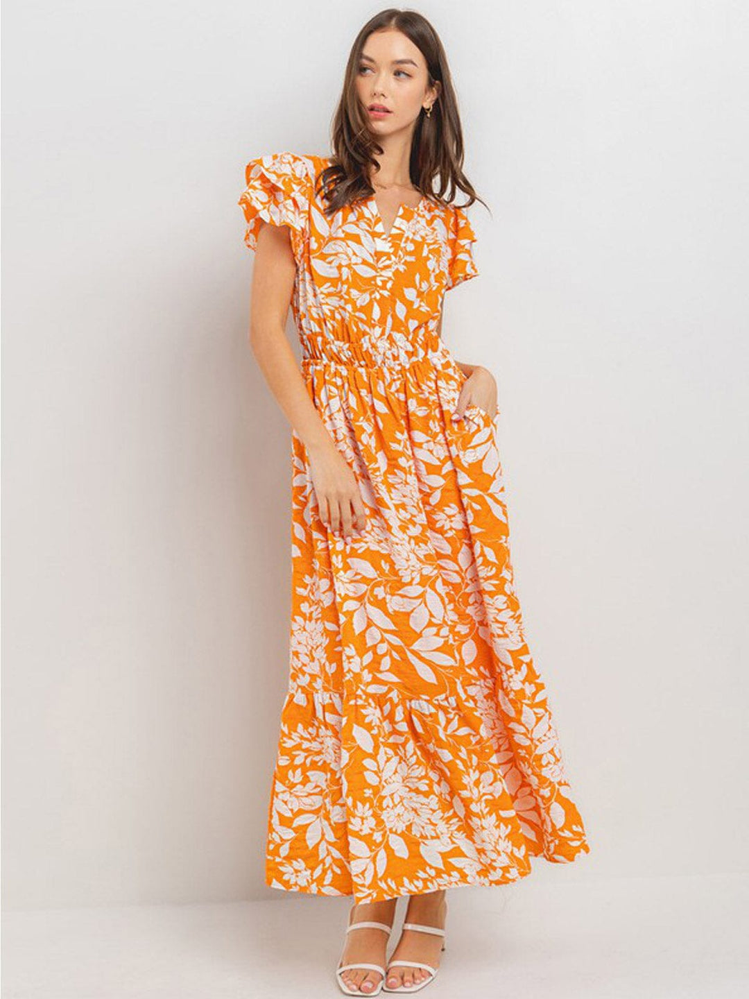 WOMEN'S SHORT SLEEVE BUTTON CLOSURE ELASTIC WAIST FLORAL PRINT MAXI DRESS