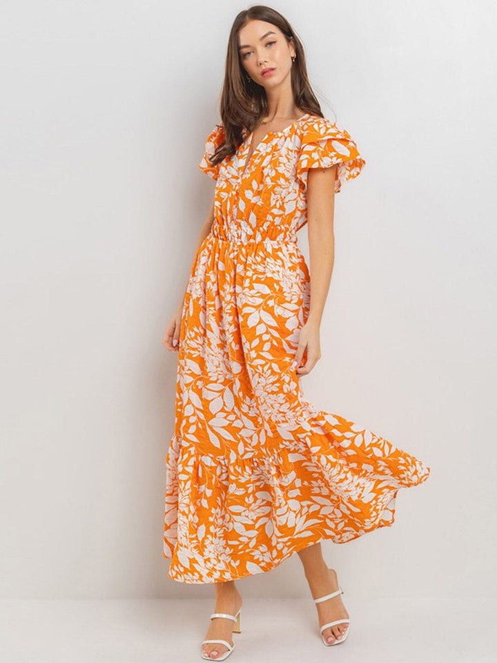 WOMEN'S SHORT SLEEVE BUTTON CLOSURE ELASTIC WAIST FLORAL PRINT MAXI DRESS