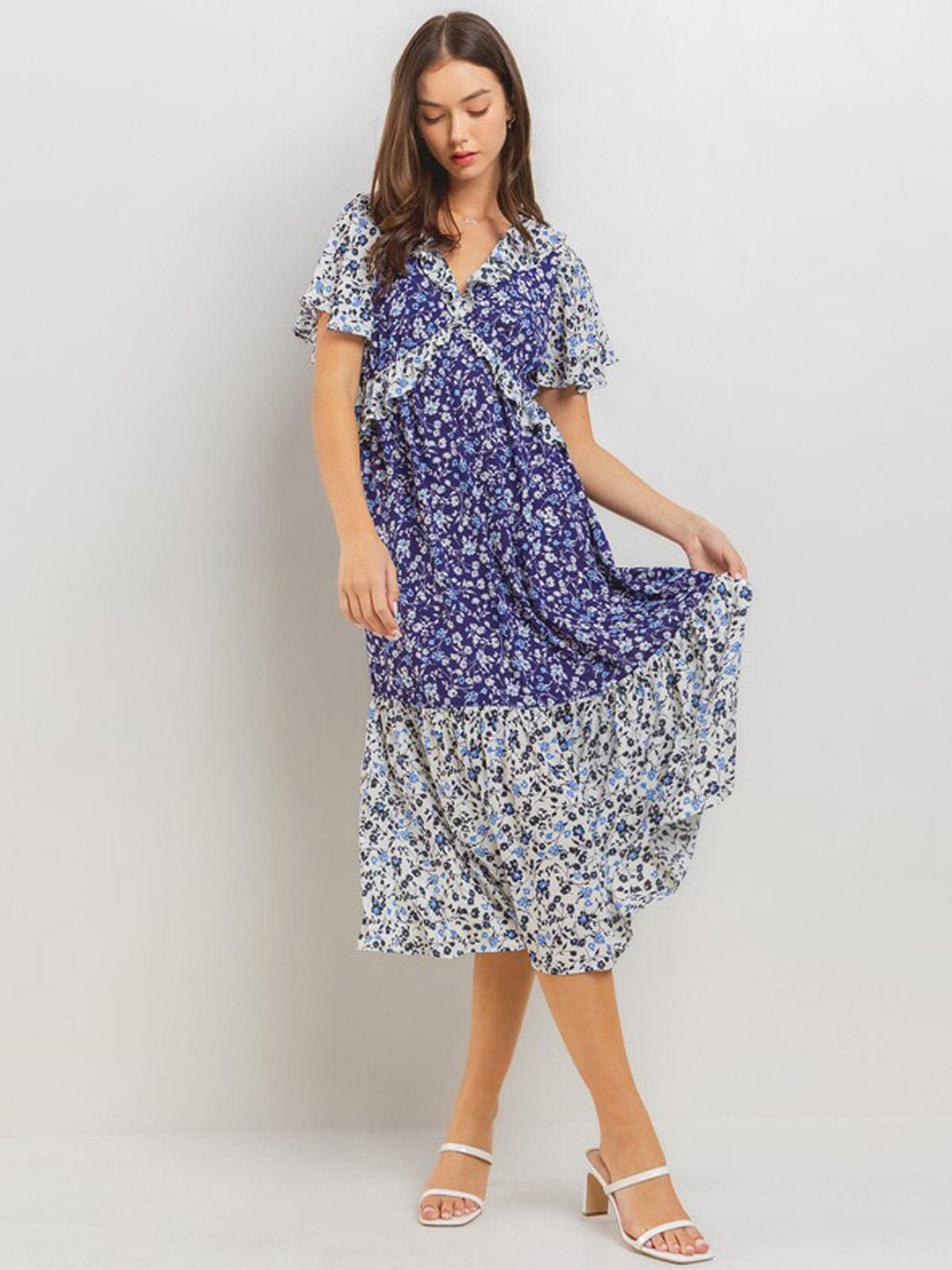 WOMEN'S SHORT SLEEVE V-NECK FLORAL PRINT MIDI DRESS