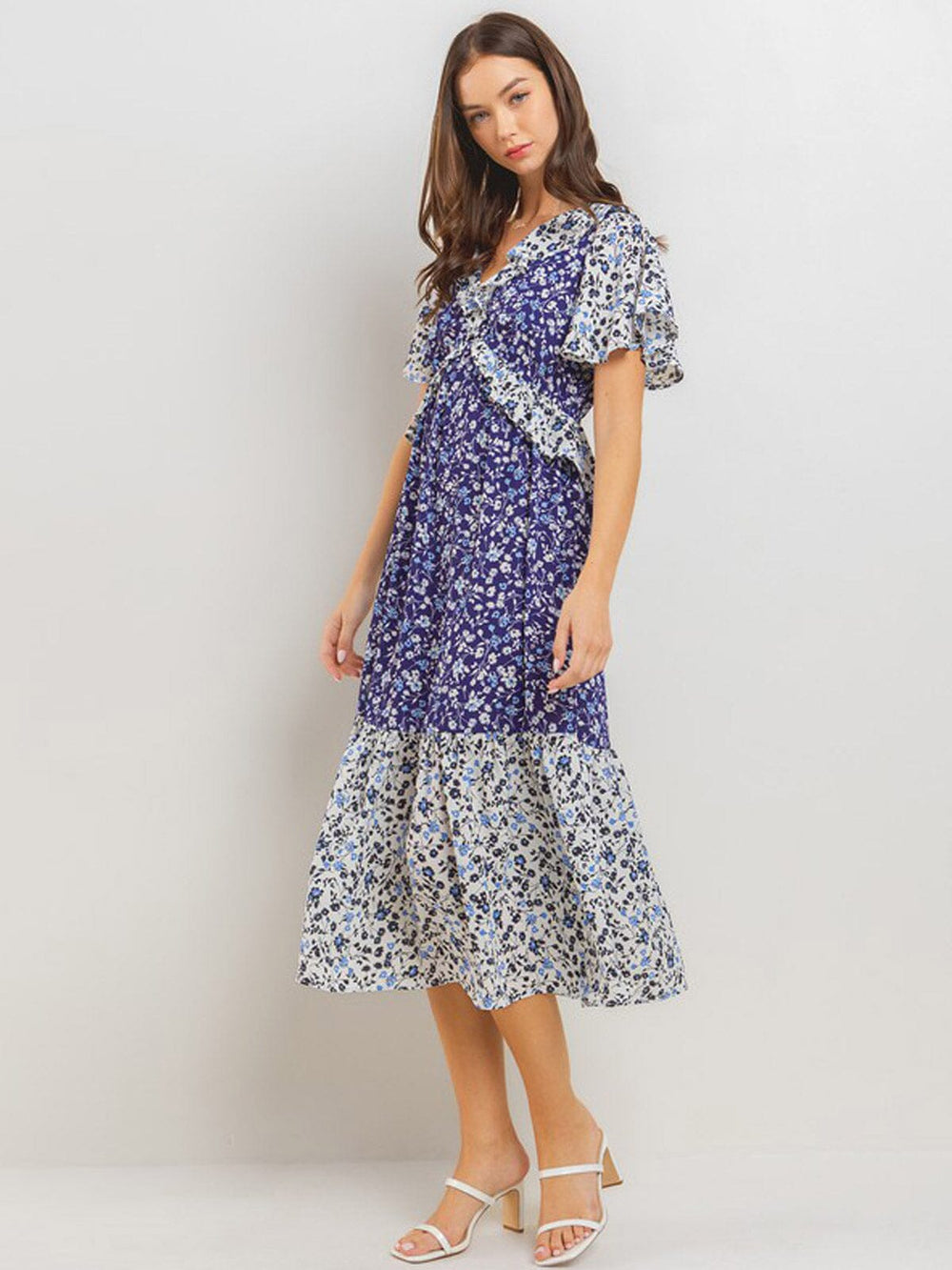 WOMEN'S SHORT SLEEVE V-NECK FLORAL PRINT MIDI DRESS