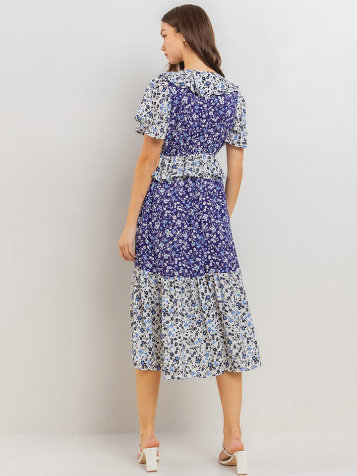 WOMEN'S SHORT SLEEVE V-NECK FLORAL PRINT MIDI DRESS