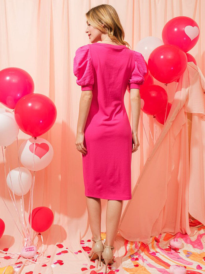 WOMEN'S SHORT PUFF SLEEVE BODYCON RIBBED MIDI DRESS