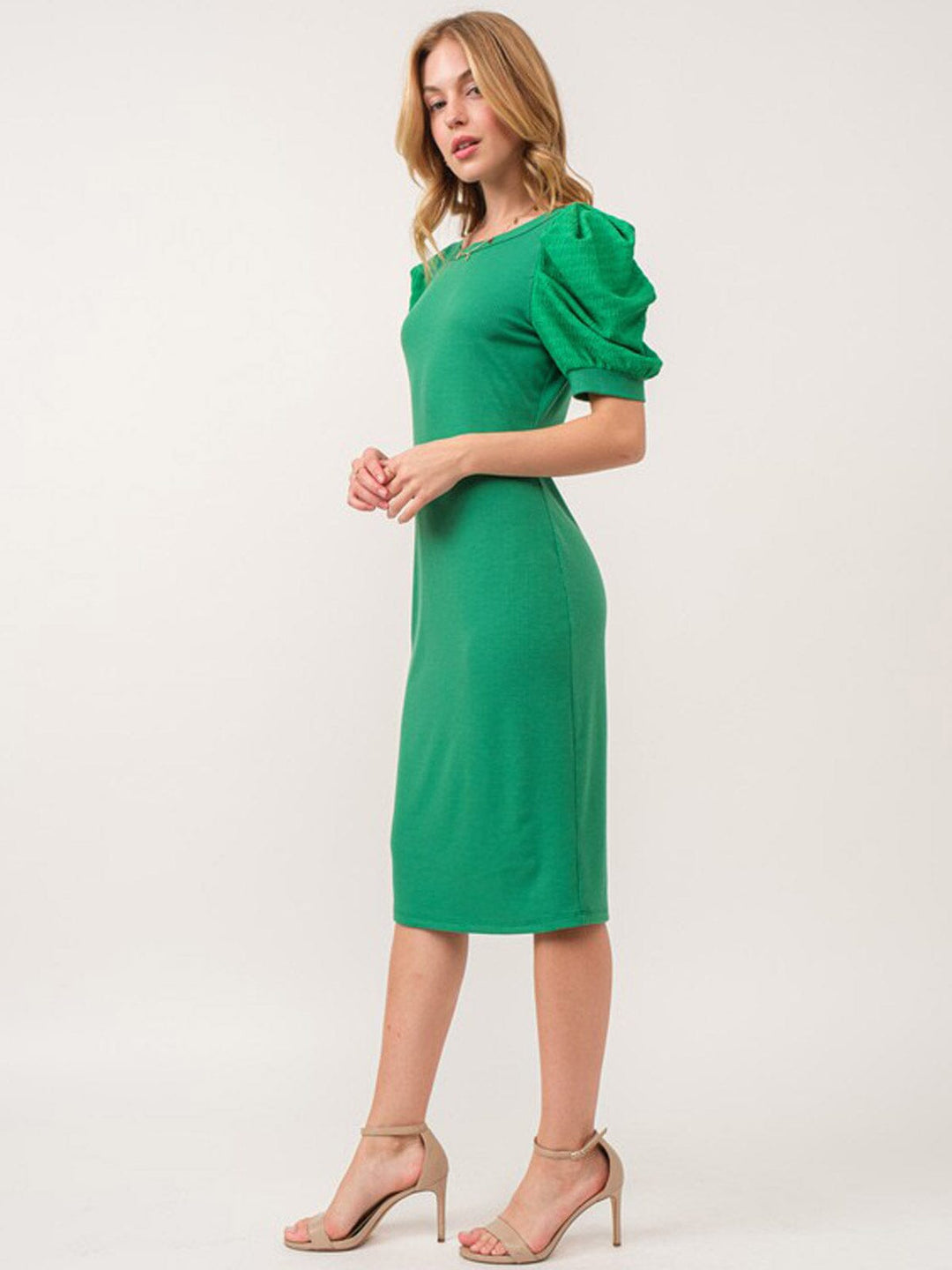 WOMEN'S SHORT PUFF SLEEVE BODYCON RIBBED MIDI DRESS