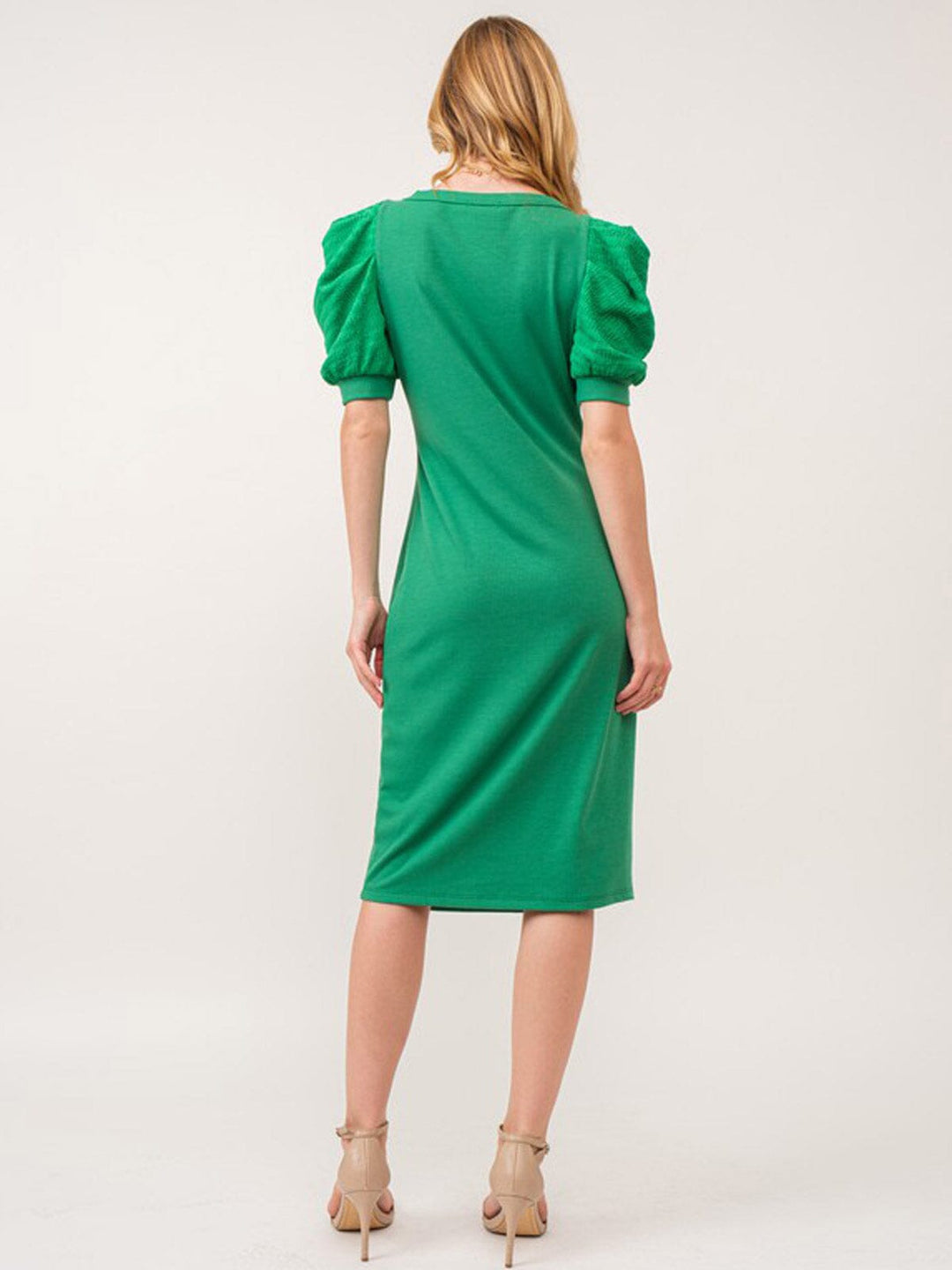 WOMEN'S SHORT PUFF SLEEVE BODYCON RIBBED MIDI DRESS