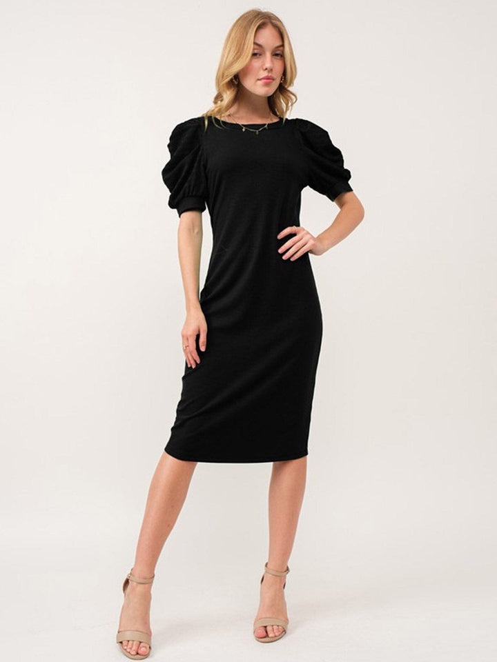 WOMEN'S SHORT PUFF SLEEVE BODYCON RIBBED MIDI DRESS