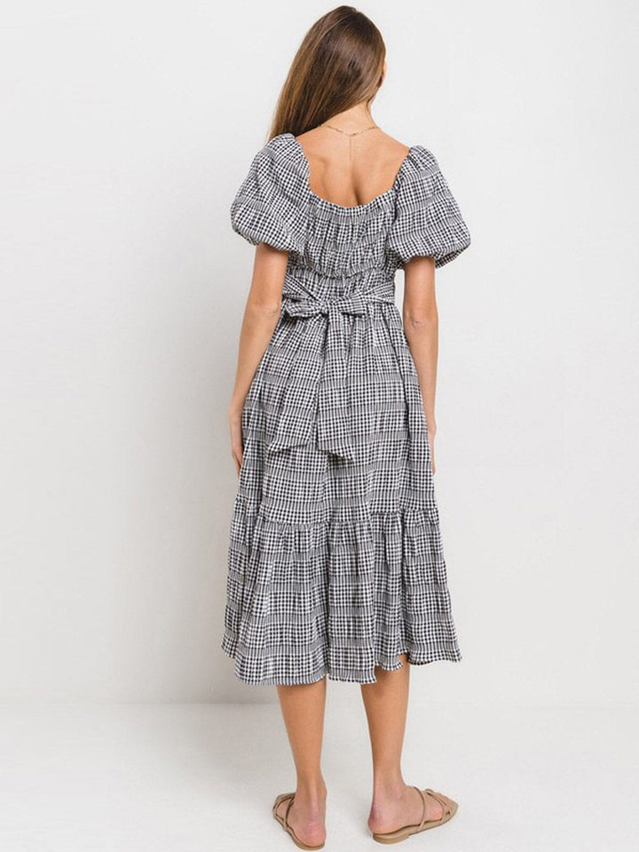 WOMEN'S SHORT PUFF SLEEVE SQUARE NECK POCKETS TIERED PLAID MIDI DRESS