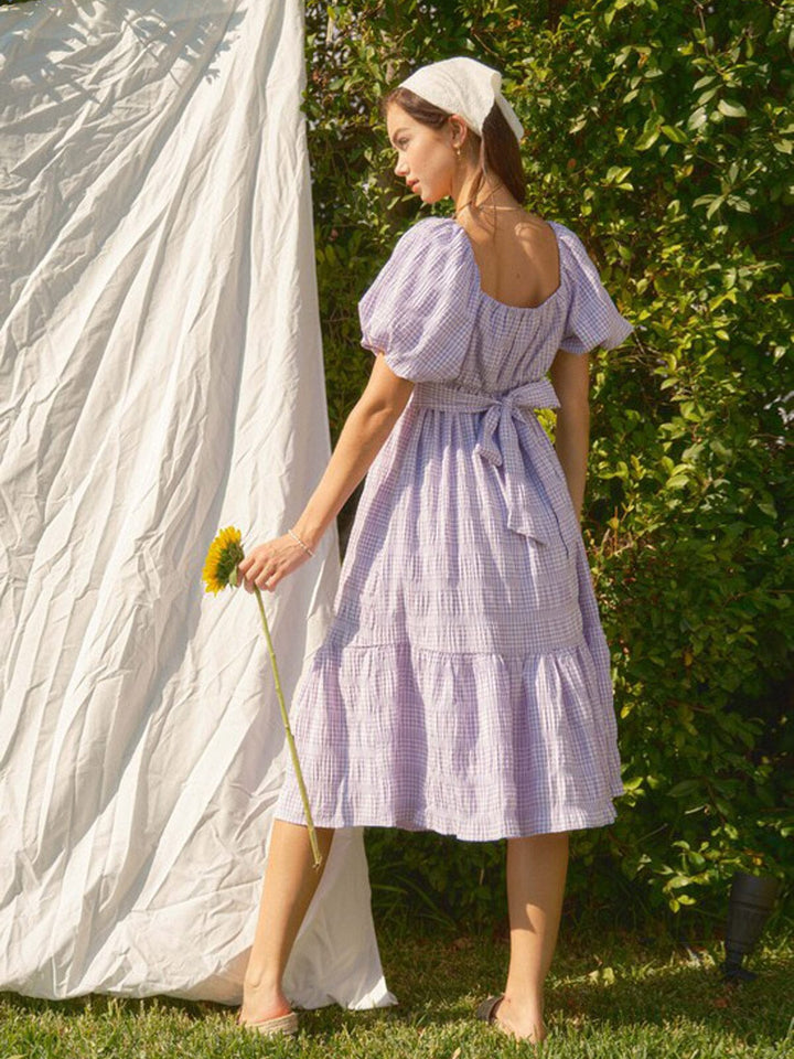 WOMEN'S SHORT PUFF SLEEVE SQUARE NECK POCKETS TIERED PLAID MIDI DRESS