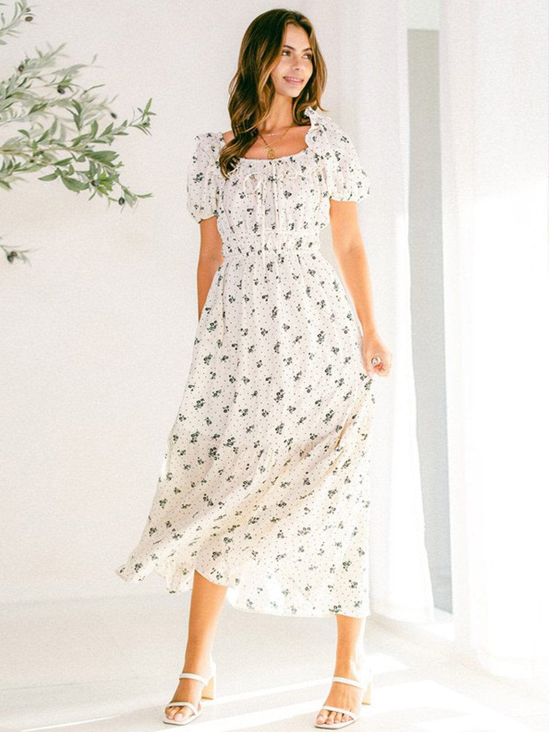WOMEN'S SHORT SLEEVE ELASTIC WAIST POCKETS FLORAL MAXI DRESS