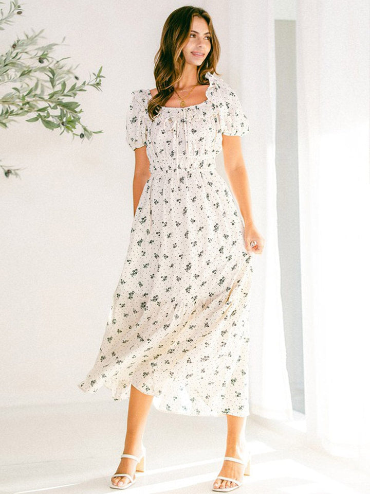 WOMEN'S SHORT SLEEVE ELASTIC WAIST POCKETS FLORAL MAXI DRESS