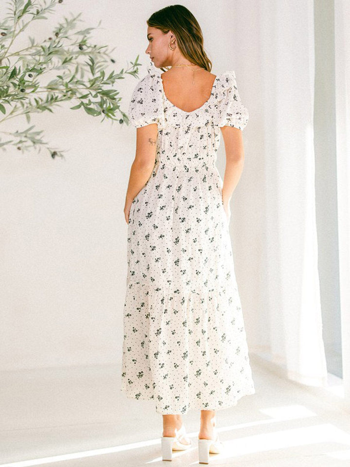 WOMEN'S SHORT SLEEVE ELASTIC WAIST POCKETS FLORAL MAXI DRESS