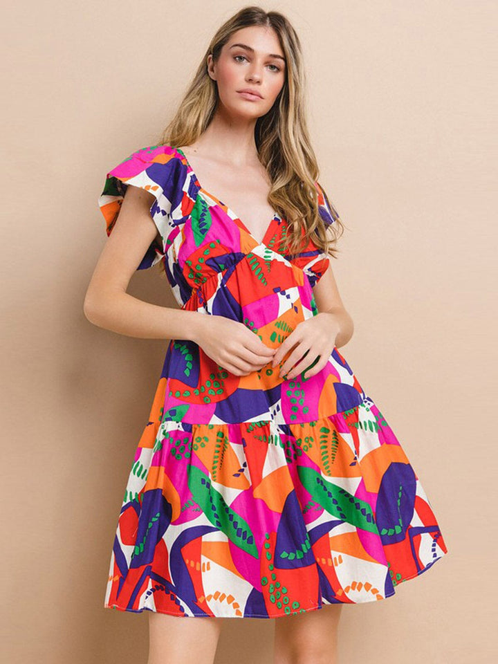 WOMEN'S SHORT SLEEVE V-NECK MULTI PRINT TUNIC MINI DRESS