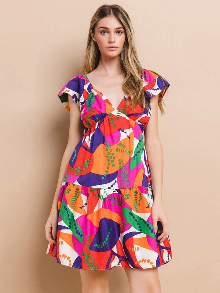 WOMEN'S SHORT SLEEVE V-NECK MULTI PRINT TUNIC MINI DRESS