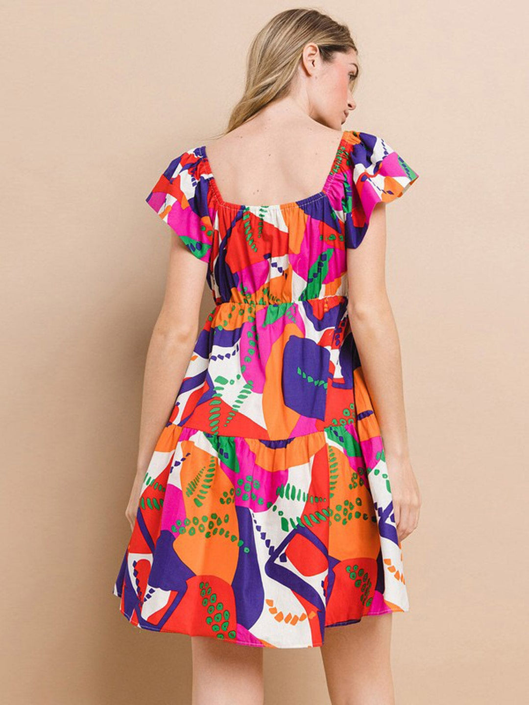WOMEN'S SHORT SLEEVE V-NECK MULTI PRINT TUNIC MINI DRESS