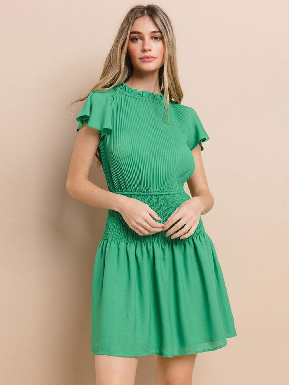 WOMEN'S SHORT RUFFLE SLEEVE MOCK NECK SMOCK MINI DRESS