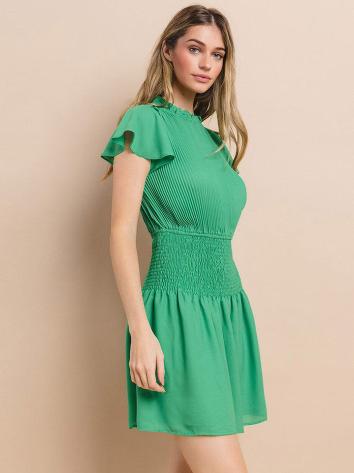 WOMEN'S SHORT RUFFLE SLEEVE MOCK NECK SMOCK MINI DRESS