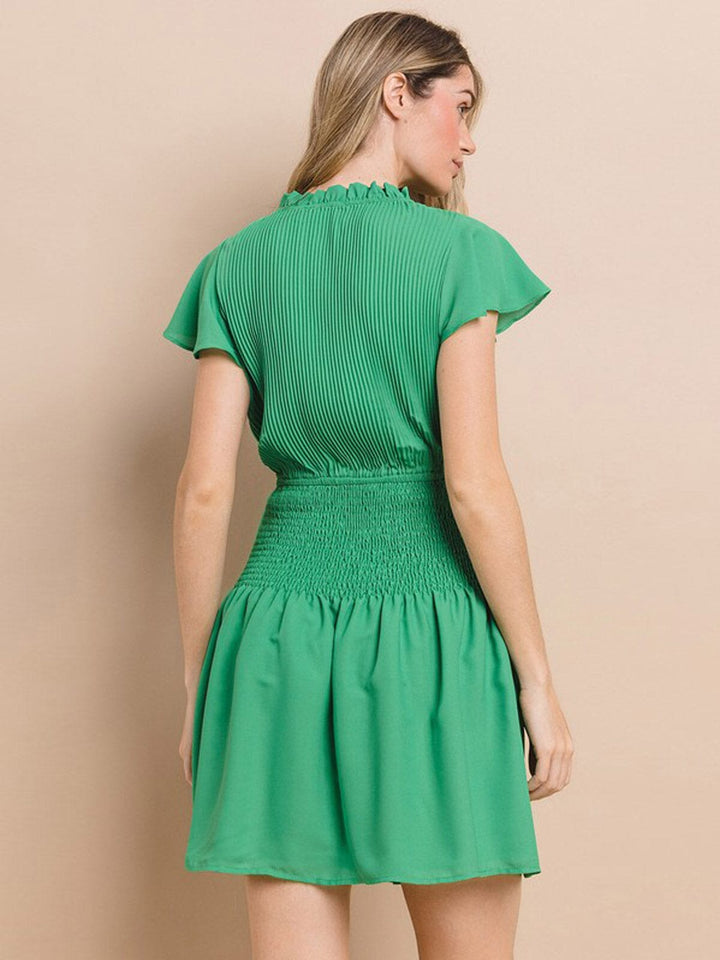 WOMEN'S SHORT RUFFLE SLEEVE MOCK NECK SMOCK MINI DRESS