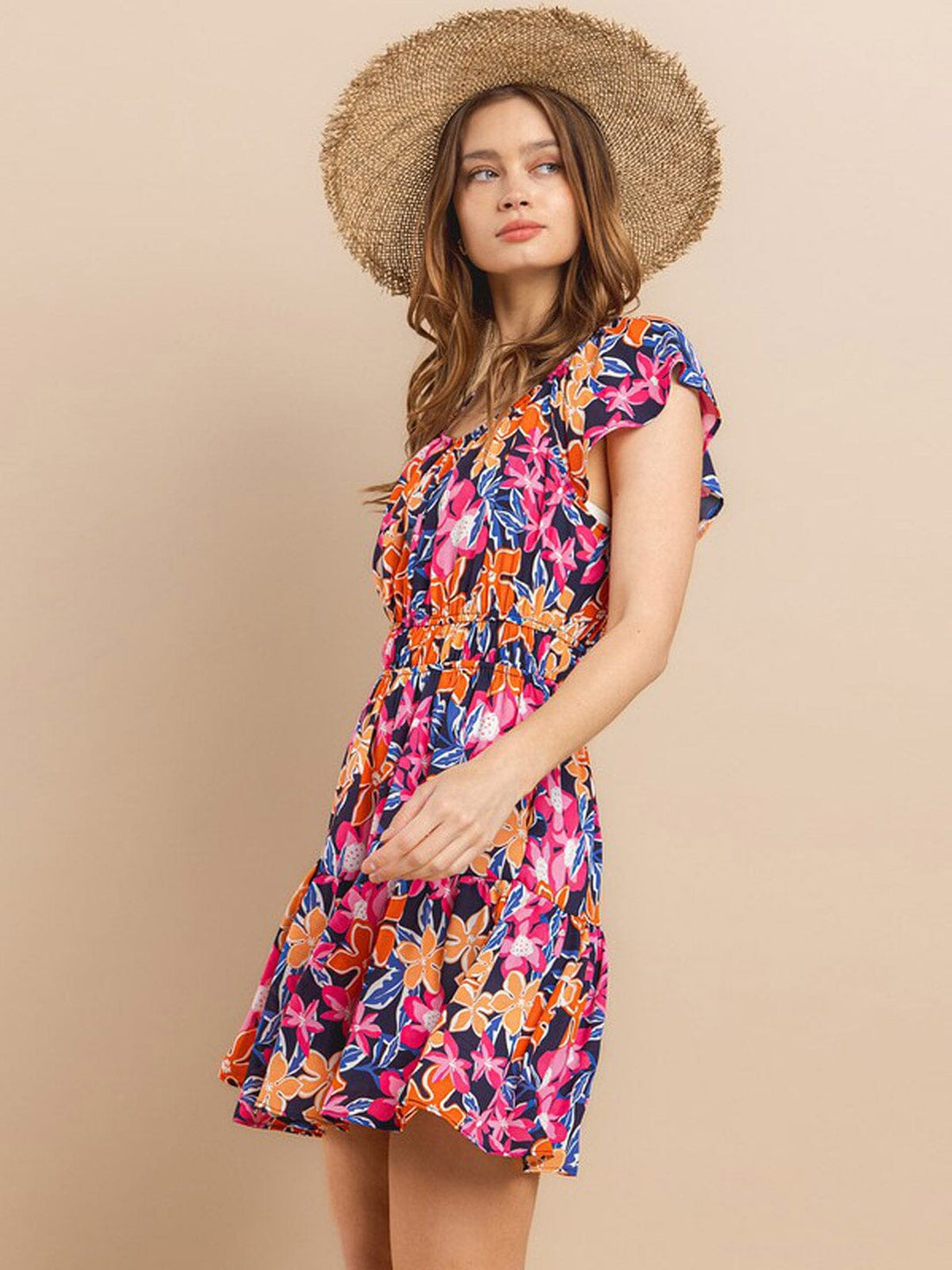 WOMEN'S SHORT SLEEVE ELASTIC WAIST FRONT POCKETS FLORAL MINI DRESS