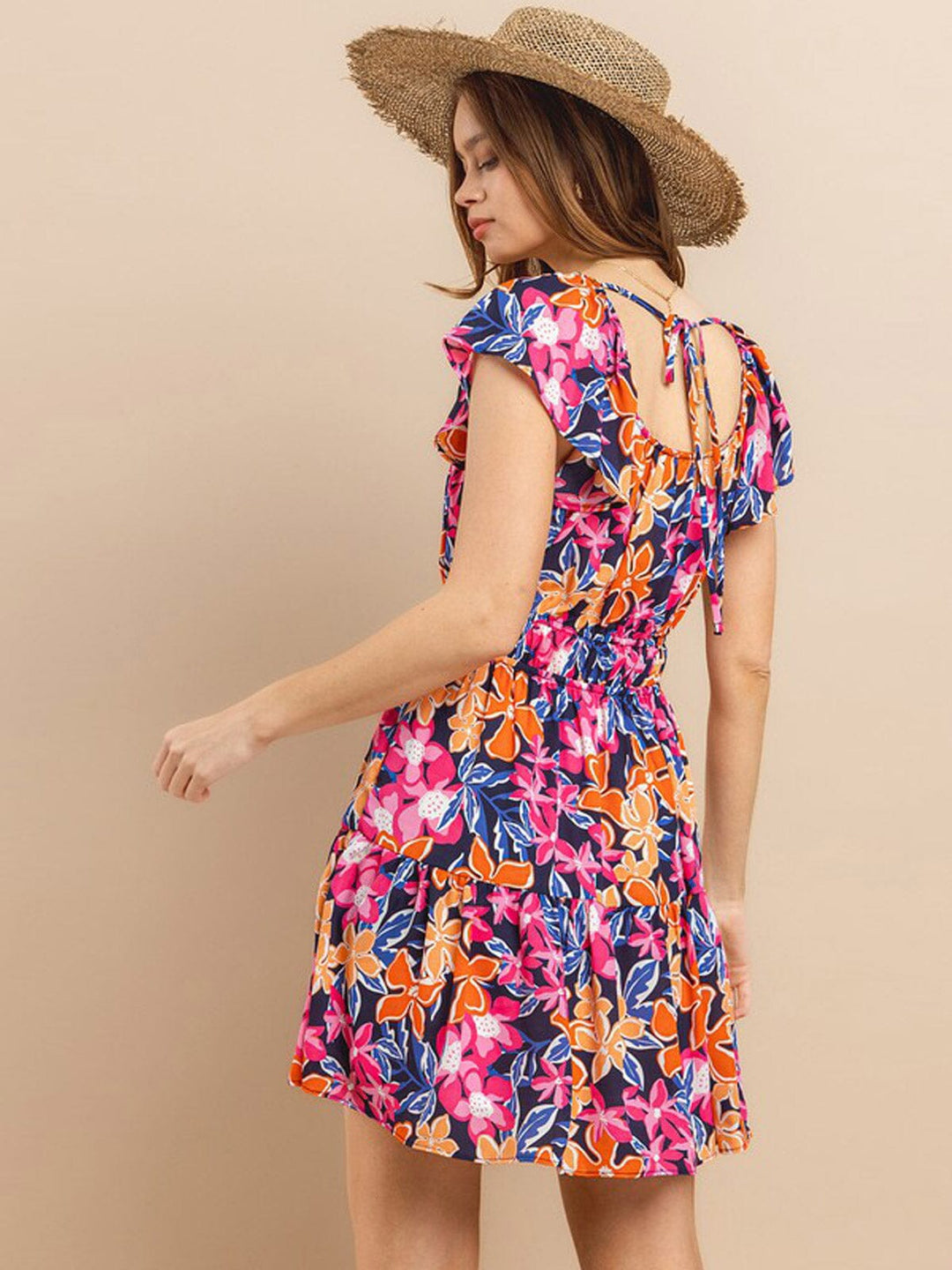 WOMEN'S SHORT SLEEVE ELASTIC WAIST FRONT POCKETS FLORAL MINI DRESS