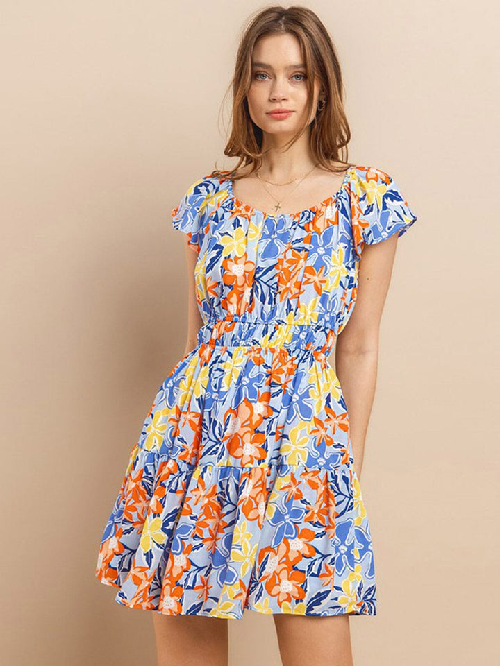 WOMEN'S SHORT SLEEVE ELASTIC WAIST FRONT POCKETS FLORAL MINI DRESS