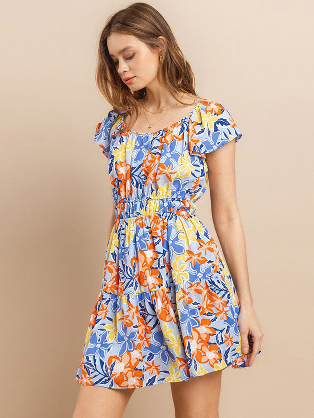 WOMEN'S SHORT SLEEVE ELASTIC WAIST FRONT POCKETS FLORAL MINI DRESS