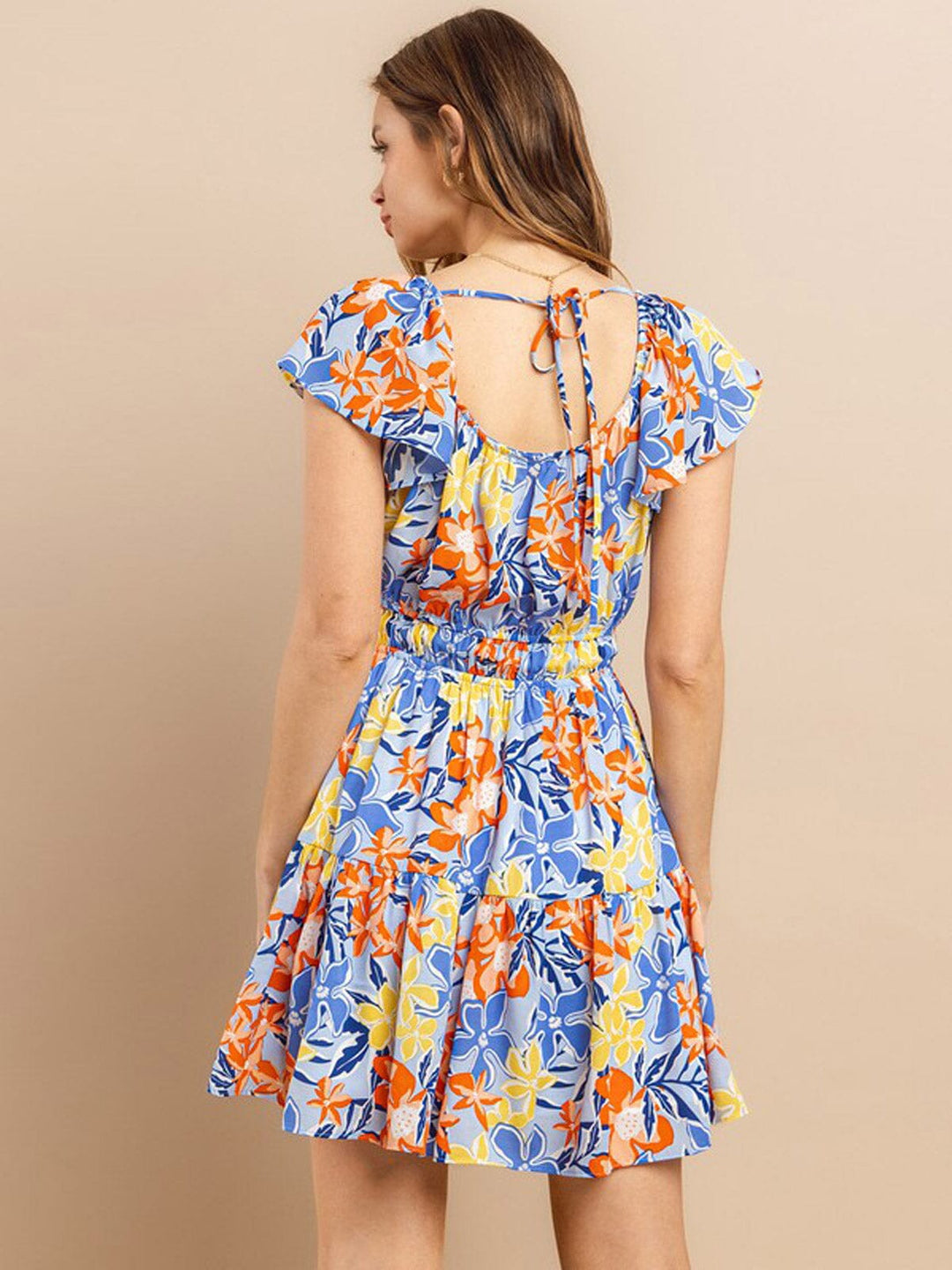 WOMEN'S SHORT SLEEVE ELASTIC WAIST FRONT POCKETS FLORAL MINI DRESS