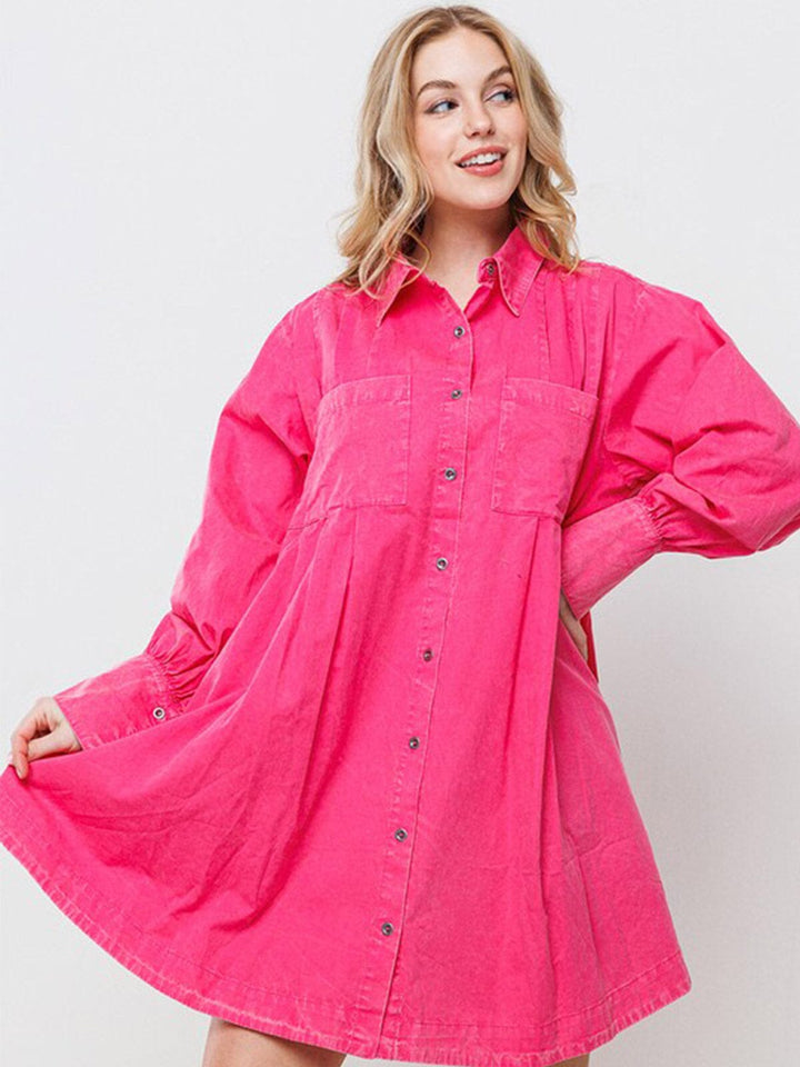 WOMEN'S LONG SLEEVE BUTTON CLOSURE FRONT POCKETS TUNIC MINI DRESS