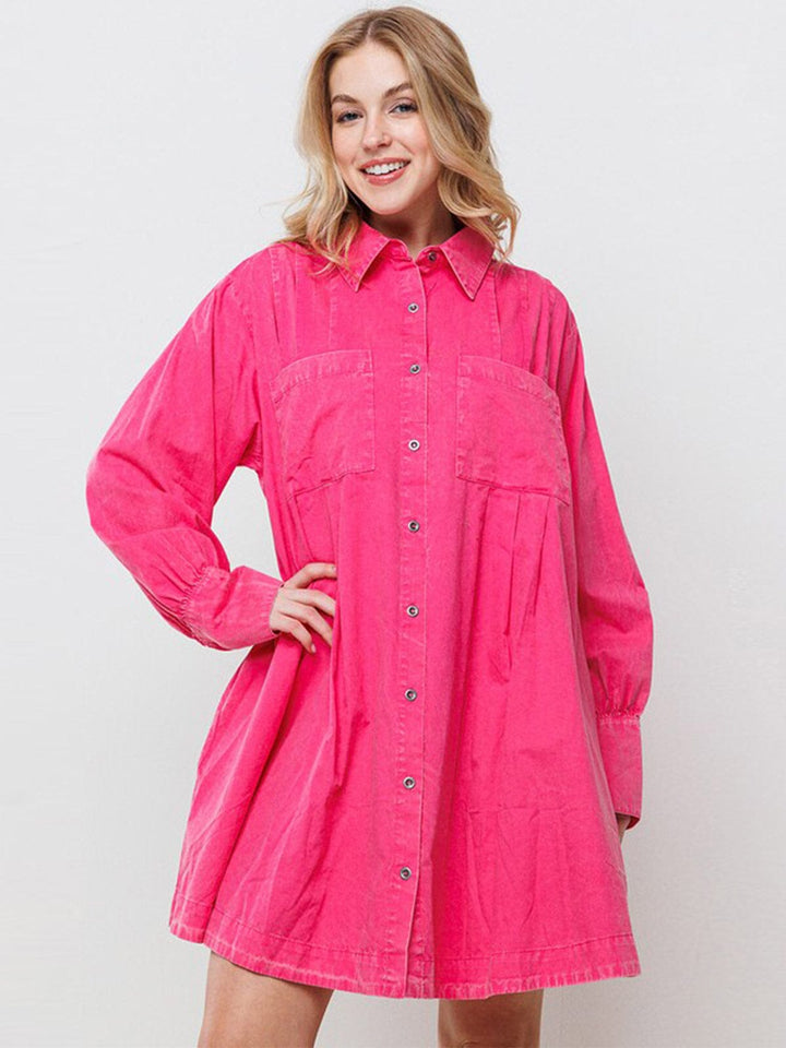 WOMEN'S LONG SLEEVE BUTTON CLOSURE FRONT POCKETS TUNIC MINI DRESS