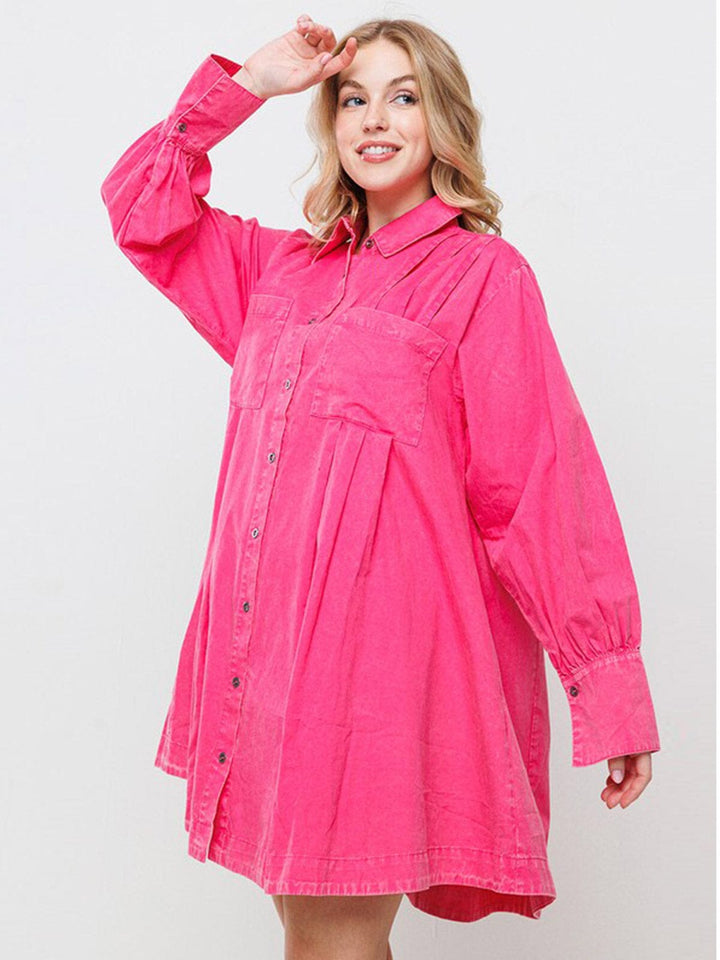 WOMEN'S LONG SLEEVE BUTTON CLOSURE FRONT POCKETS TUNIC MINI DRESS