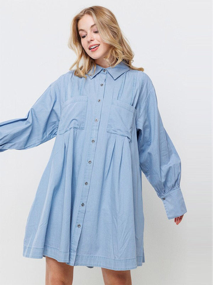 WOMEN'S LONG SLEEVE BUTTON CLOSURE FRONT POCKETS TUNIC MINI DRESS