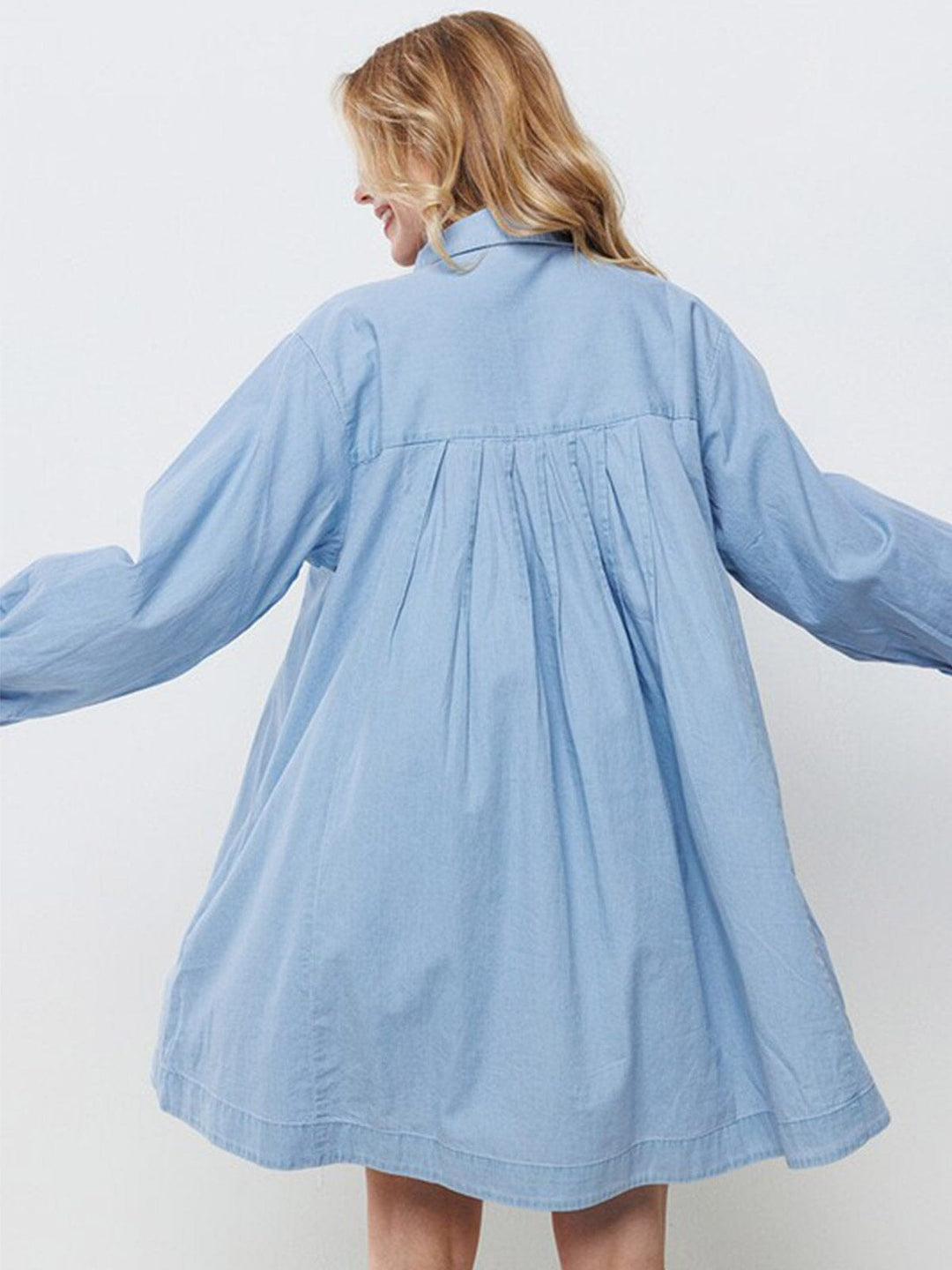 WOMEN'S LONG SLEEVE BUTTON CLOSURE FRONT POCKETS TUNIC MINI DRESS