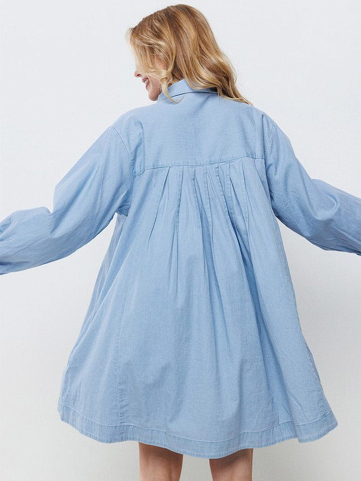 WOMEN'S LONG SLEEVE BUTTON CLOSURE FRONT POCKETS TUNIC MINI DRESS