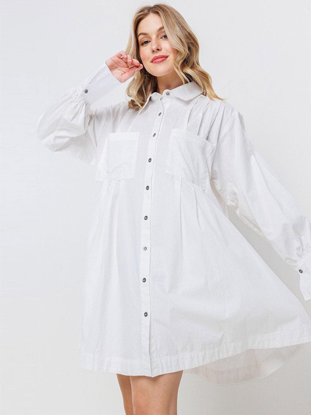WOMEN'S LONG SLEEVE BUTTON CLOSURE FRONT POCKETS TUNIC MINI DRESS