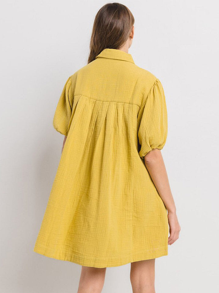 WOMEN'S SHORT SLEEVE BUTTON CLOSURE FRONT POCKETS TUNIC MINI DRESS