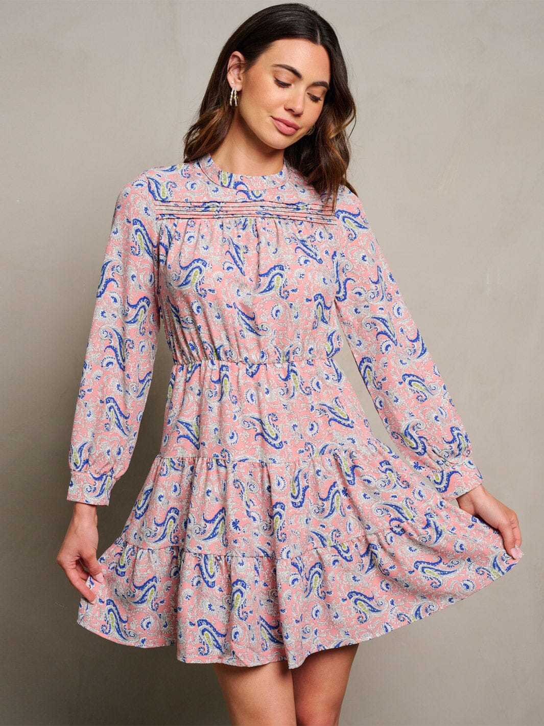WOMEN'S LONG SLEEVE ELASTIC WAIST PAISLEY PRINT MINI DRESS